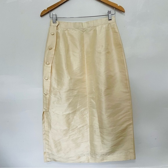 VINTAGE | Ivory Taffeta Satin Pencil Button Down Split Side High Rise MIDI Skirt - Picture 9 of 10